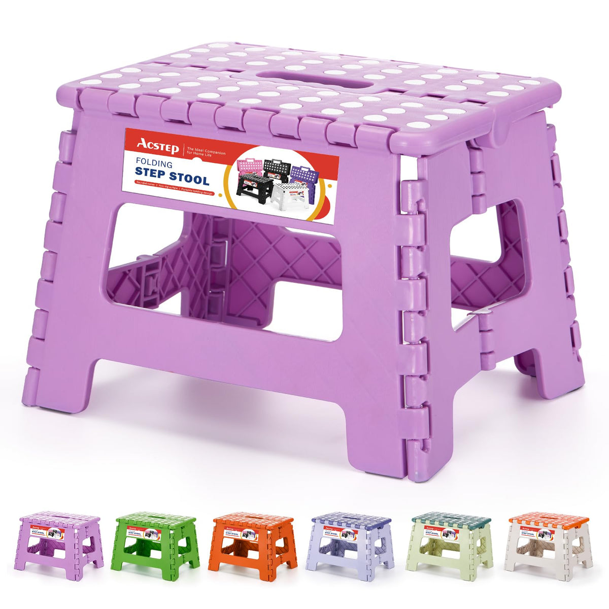 Acstep 9 Inch Folding Step Stool 300 Lb Capacity Plastic Foldable Step Stools For Kids And Adults, Folding Stool Suitable For Kitchen, Stepping Stool With Handle Light Purple Small Step Stool 1Pc