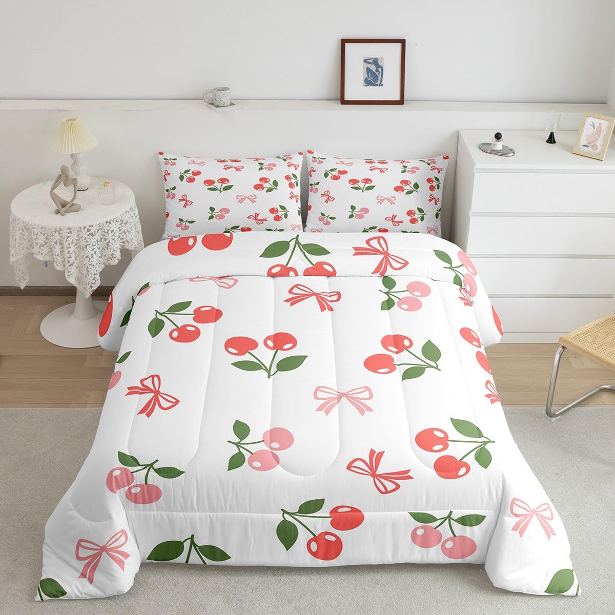 Feelyou Kids Red Cherry Bedding Set Twin Size, Pink Bow Print Comforter Set Boys Girls Cute Fruit Comforter Kawaii Cartoon Fruit