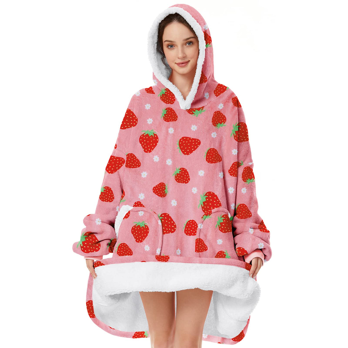 Wearable Blanket With Plush Pockets, Oversized Sherpa Thick Warm Hoodie Blanket Big Sweatshirt, Gifts For Women Men Sweet Strawb