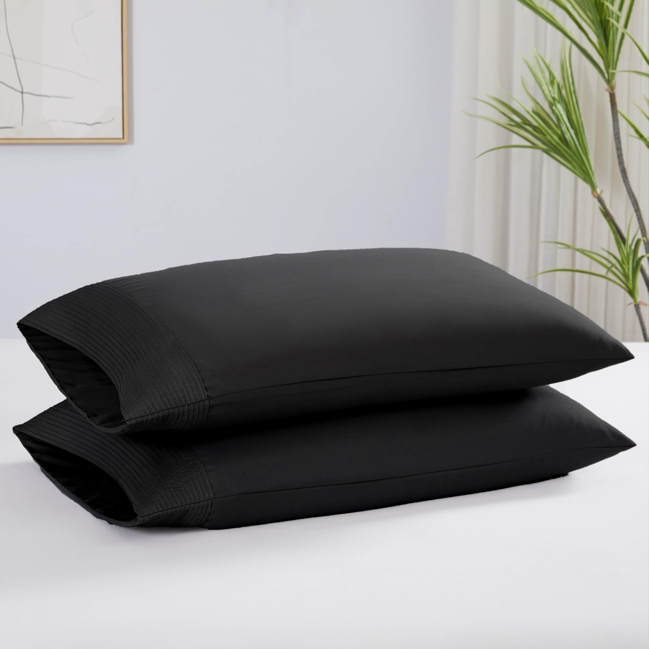 Southshore Fine Living, Inc. Pleated Black Pillow Cases Queen Size Set Of 2, Luxurious Brushed Microfiber Pillowcases For Full,