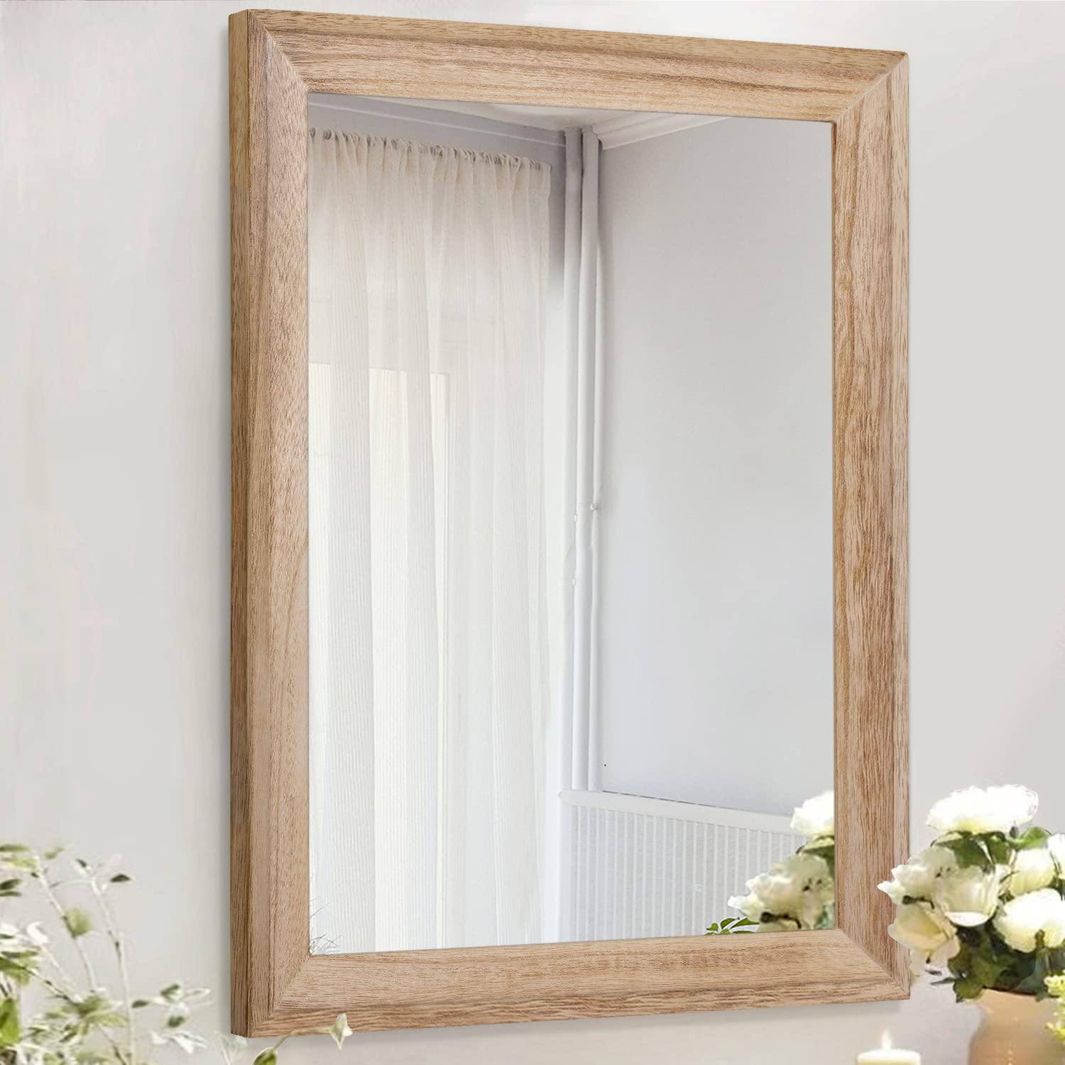 AAZZKANG Rustic Mirrors for Wall 20''x16'' Rectangle Wood Frame Mirror Farmhouse Bedroom Bathroom Decorative Hanging Mirror