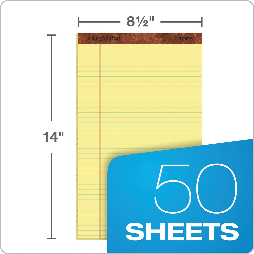 Tops The Legal Pad Writing Pads, 8-1/2' X 14', Canary Paper, Legal Rule, 50 Sheets, 12 Pack (7572)
