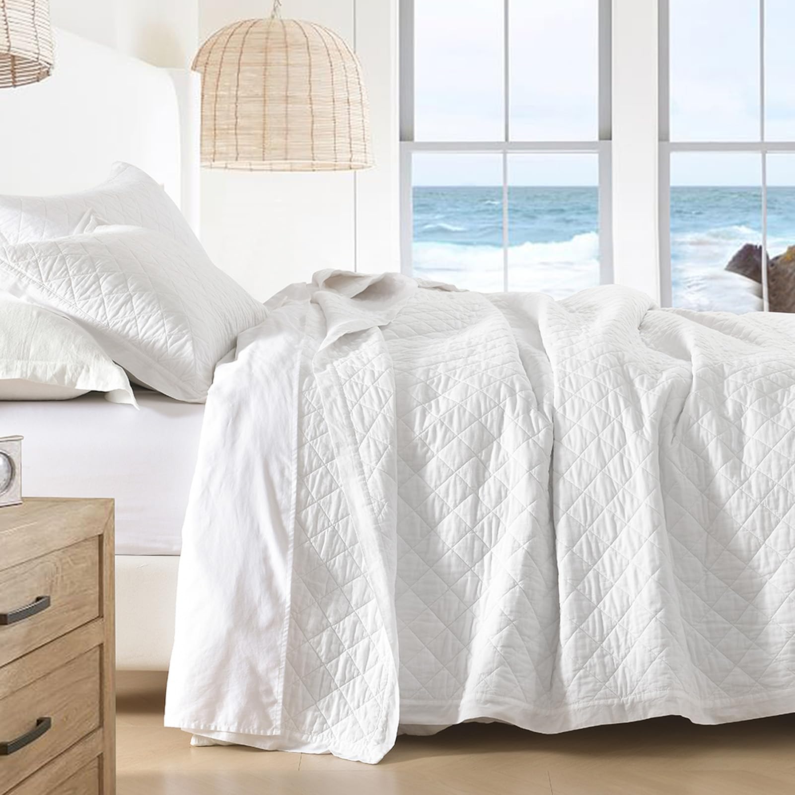 Sahsahcasa Quilt Set King Size, 100% Cotton Quilt Bedding Set Bedspread, Diamond Pattern Stitching Solid Color Chic Lightweight