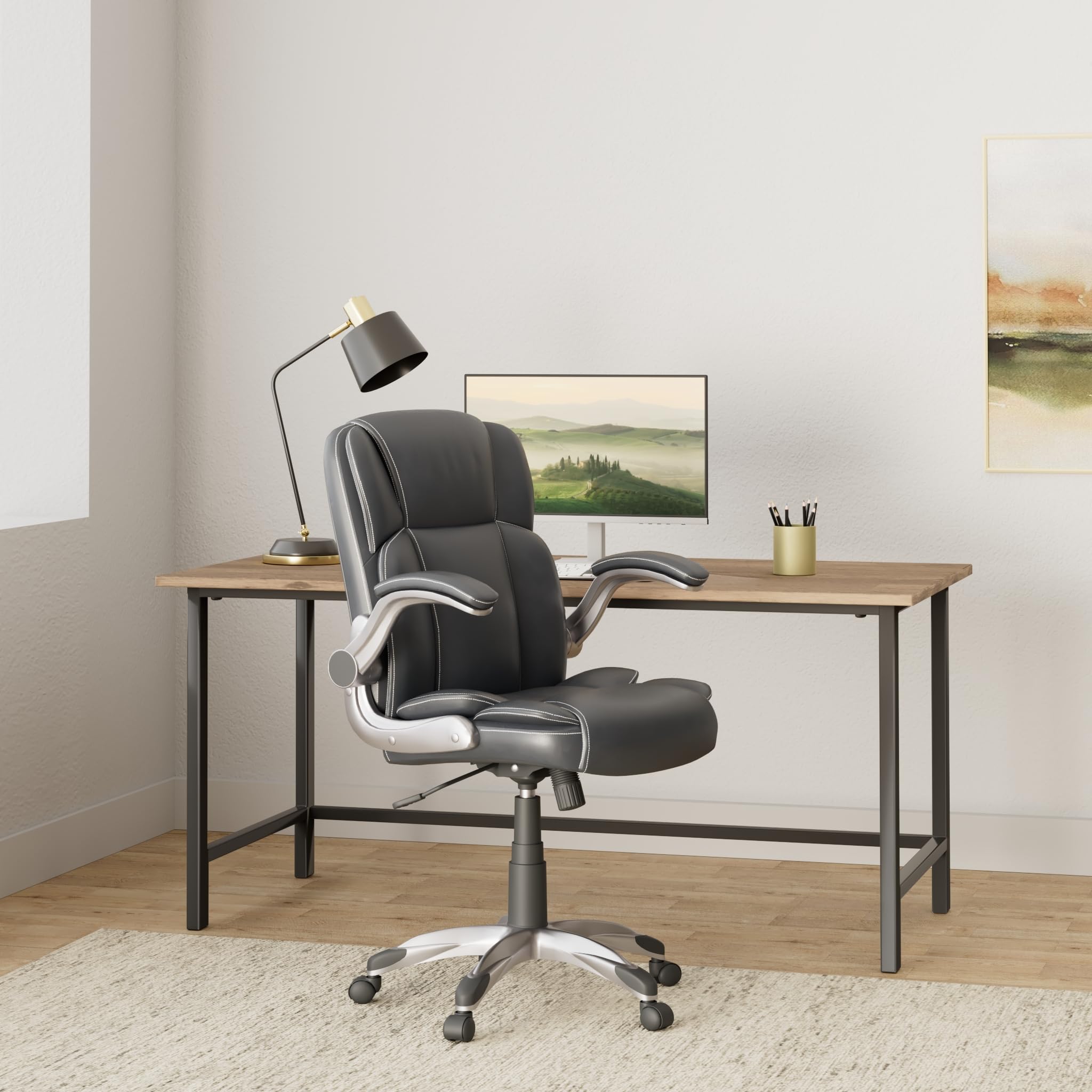 Lorell LYS Soho Flip Armrest Mid-Back Leather Chair