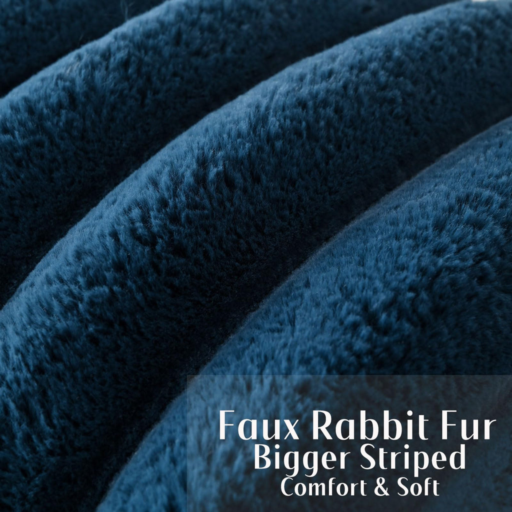 Futei Navy Blue Decorative Throw Pillow Covers 18X18 Inch Set Of 2, Square Soft Faux Rabbit Fur Big Striped Cushion Cover,Home D