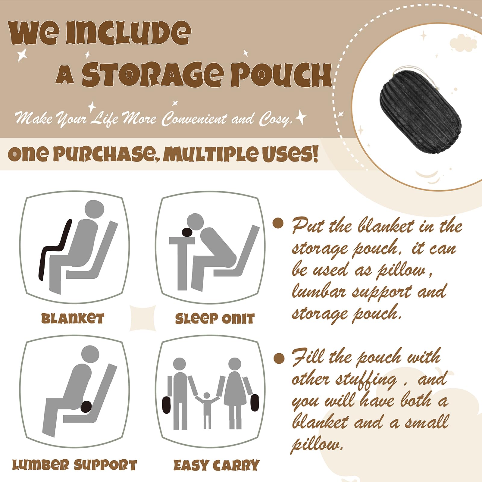 Bnuitland Orange Flannel Throw Blanket Twin Size (60X80 Inches) With Storage Pouch,300Gsm Super Soft Fleece Stripe Pattern Sofa