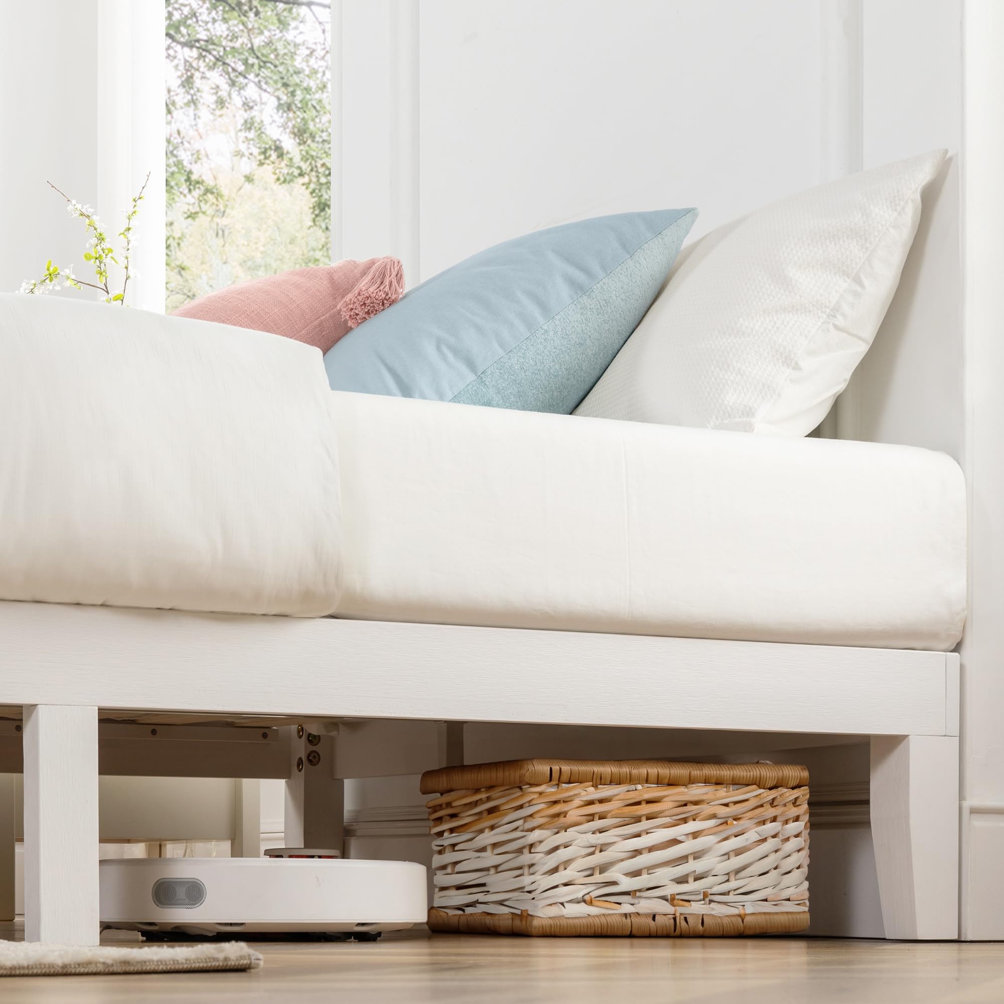 Mellow Naturalista Classic 12 Inch Solid Wood Platform Bed With Wooden Slats, Cal King, Whit