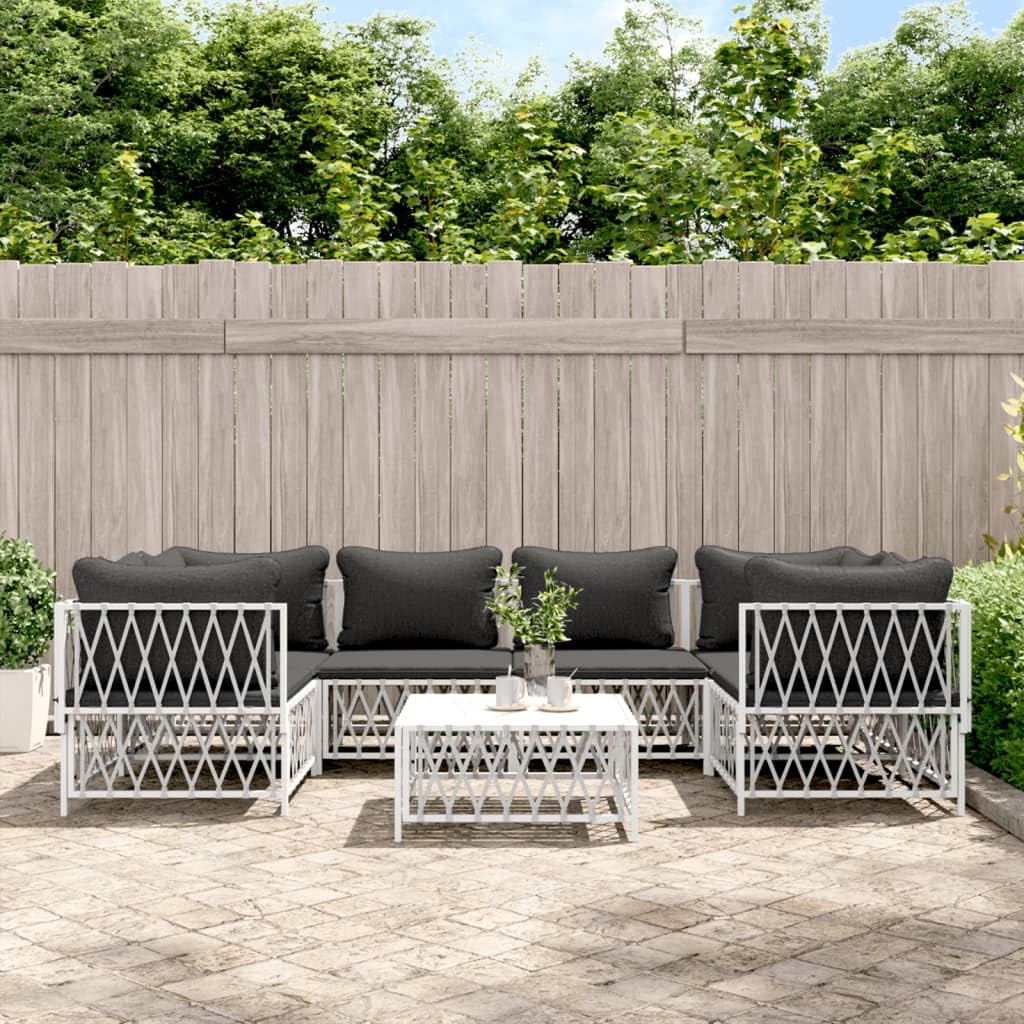 vidaXL 7 Piece Outdoor Patio Lounge Set with Cushions - Durable White Steel Structure, Modular Design, Comfortable Seating Experience, Ideal for Garden & Patio Use