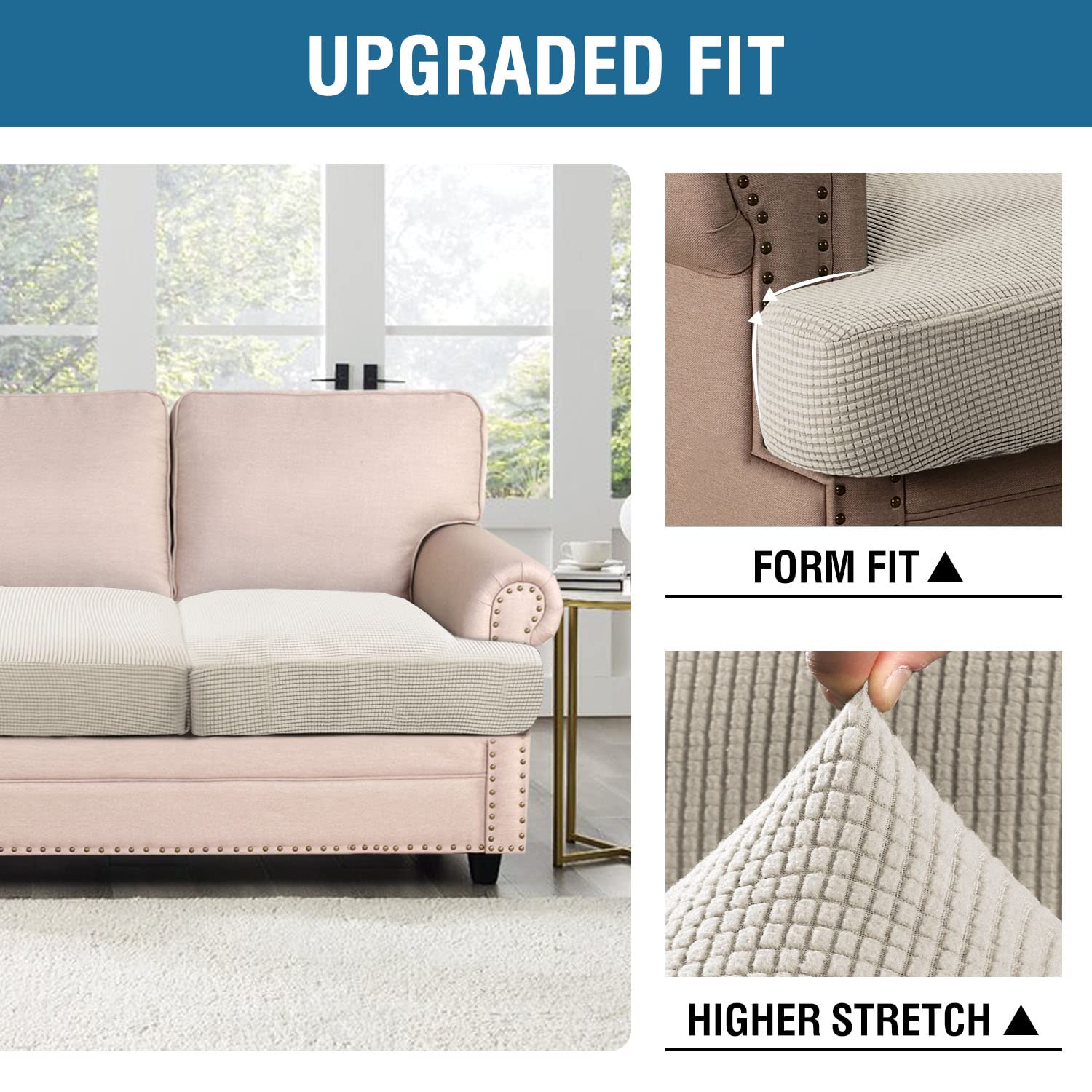 H.Versailtex Stretch 3 Piece T Cushion Sofa Slipcovers Individually Sofa Cushion Covers For 3 Cushion Couch Sofa Seat Cushion Covers With Elastic Bands Featuring Thicker Jacquard Fabric, Island Fossi