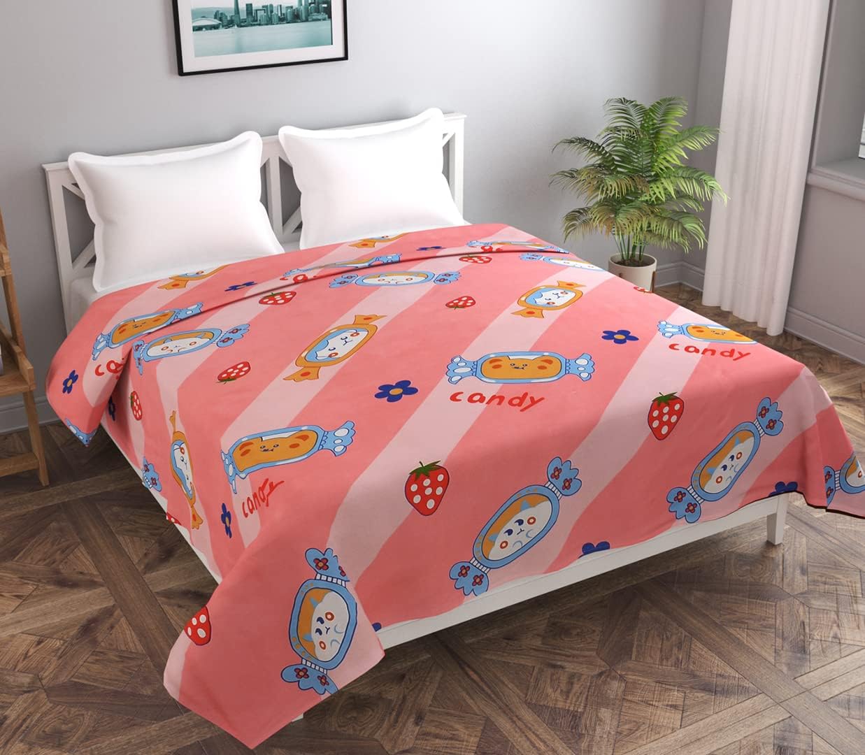 Kitch Deco Glace Cotton Printed Reversible Kids Double Bed & Kids Comforter/Dohar/Quilt, 200 Gsm (90X100Inch) (Candy)