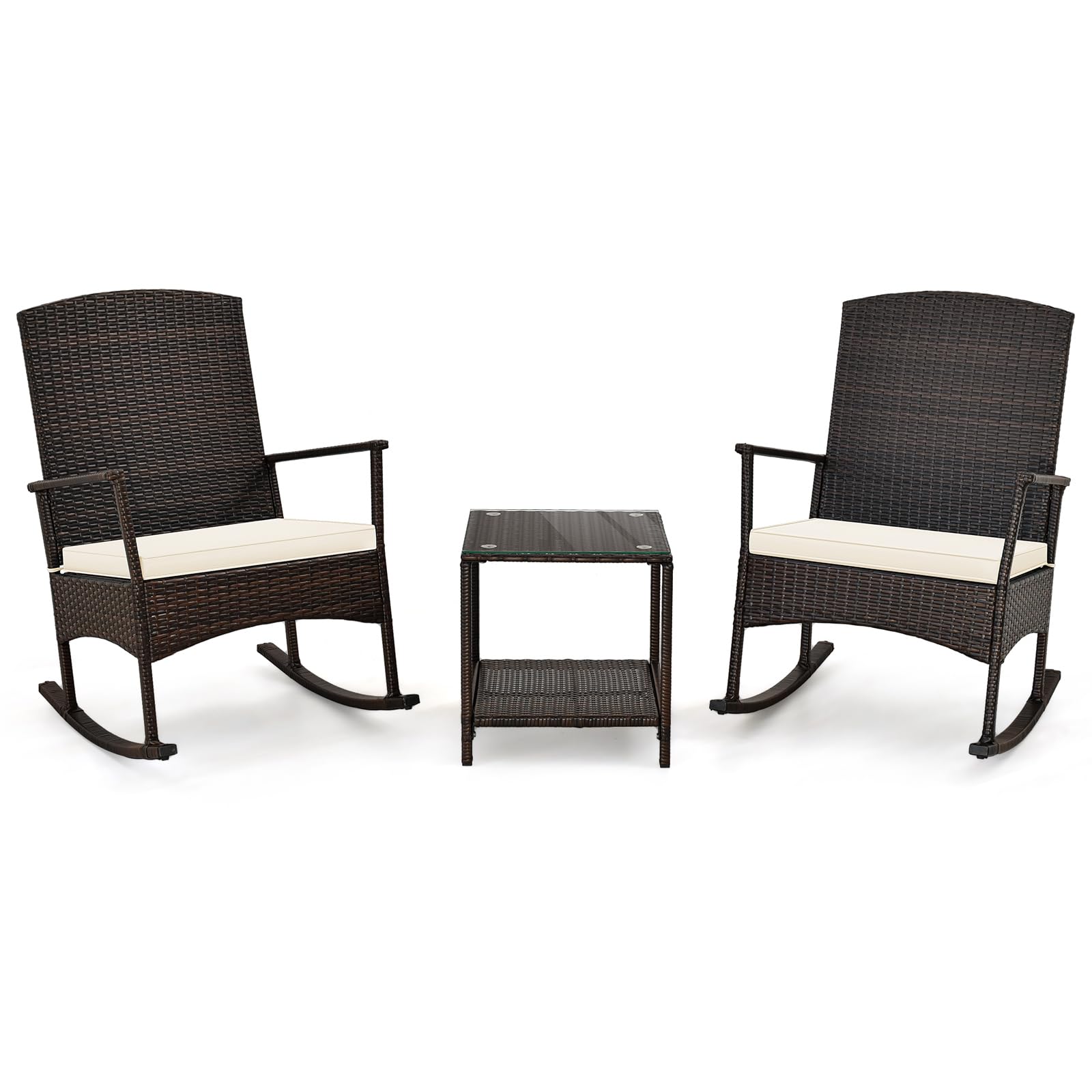 Oralner 3 Pieces Patio Rocking Bistro Set, Outdoor Wicker Rocking Chairs With Cushions, Glass Coffee Table, Rattan Conversation Furniture Set For Balcony Front Porch Garden Deck Poolside (Off-White)