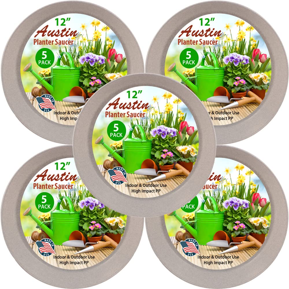 Austin Planter 12 Inch (10.1' Base) Case Of 5 Plant Saucers - White Granite Colored Polypropylene - Heavy Duty Indoor/Outdoor P