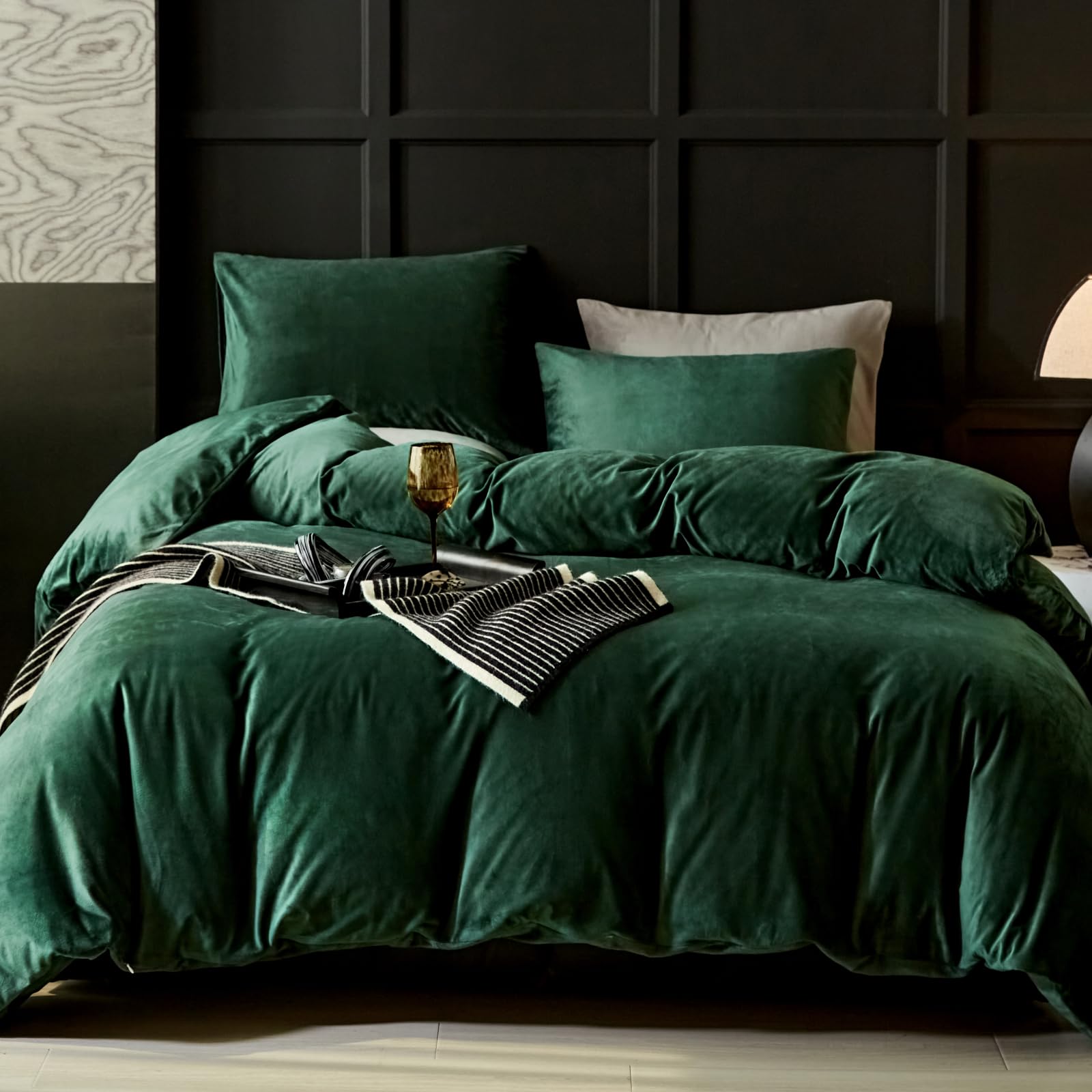 Warmdern Emerald Green Velvet Duvet Cover King Size Flannel Duvet Cover Bedding Sets, 3Pcs Ultra Soft Luxury Textured Modern Cry