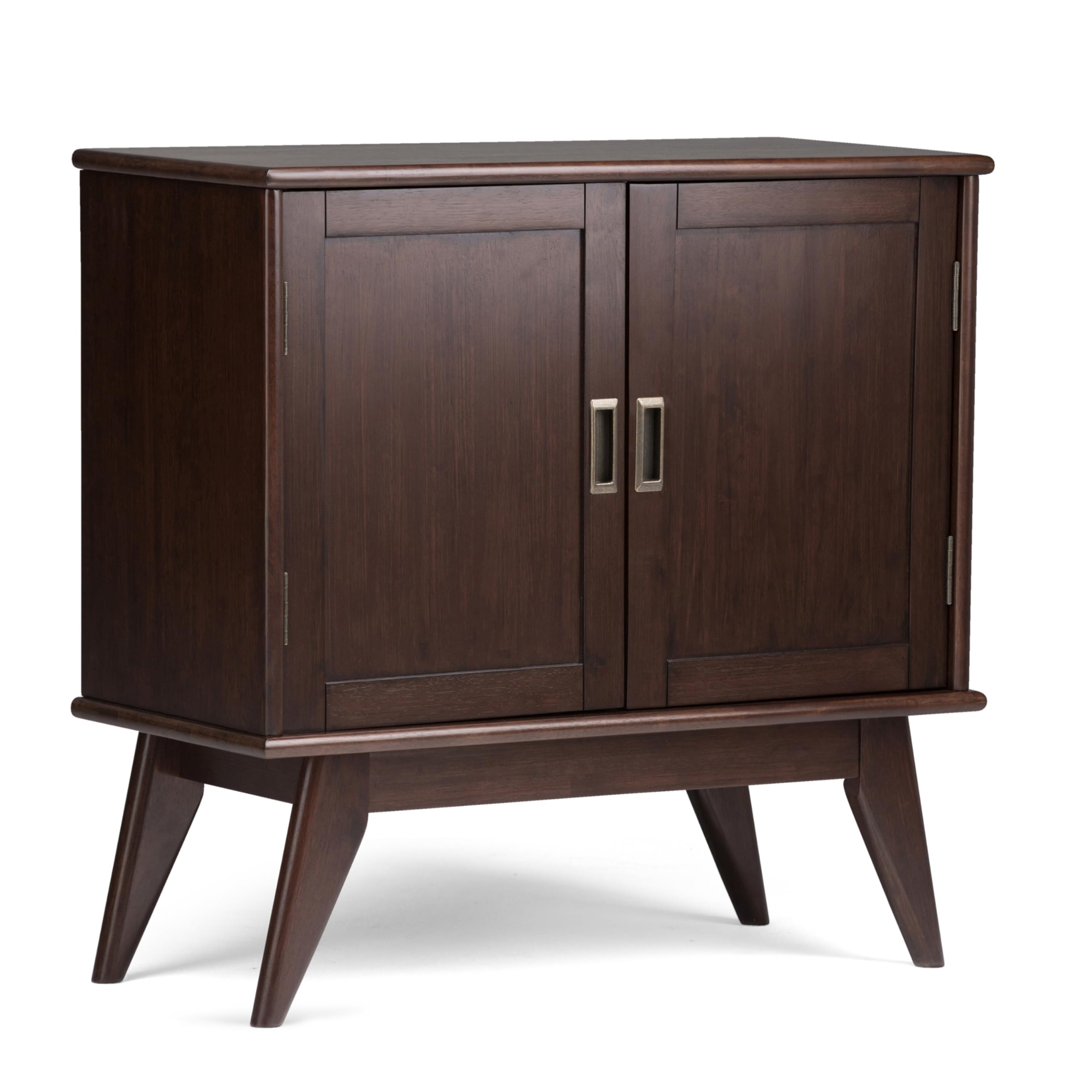 SIMPLIHOME Draper SOLID HARDWOOD 32 Inch Wide Mid Century Modern Low Storage Cabinet in Medium Auburn Brown, For the Living Room