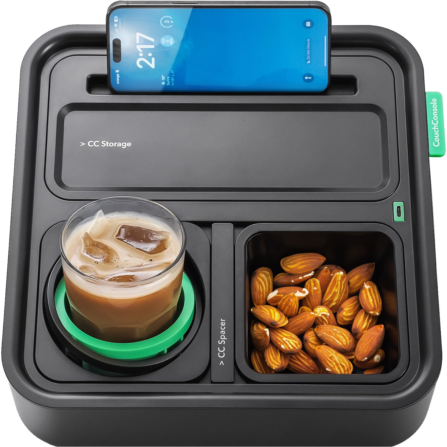 Couchconsole Original Tray - Drinks & Snacks Sofa Caddy With Armrest, Table With Phone Stand- Tv Remote Control Storage And Organizer - For Living Rooms, Rv, And Cars, Black/Green