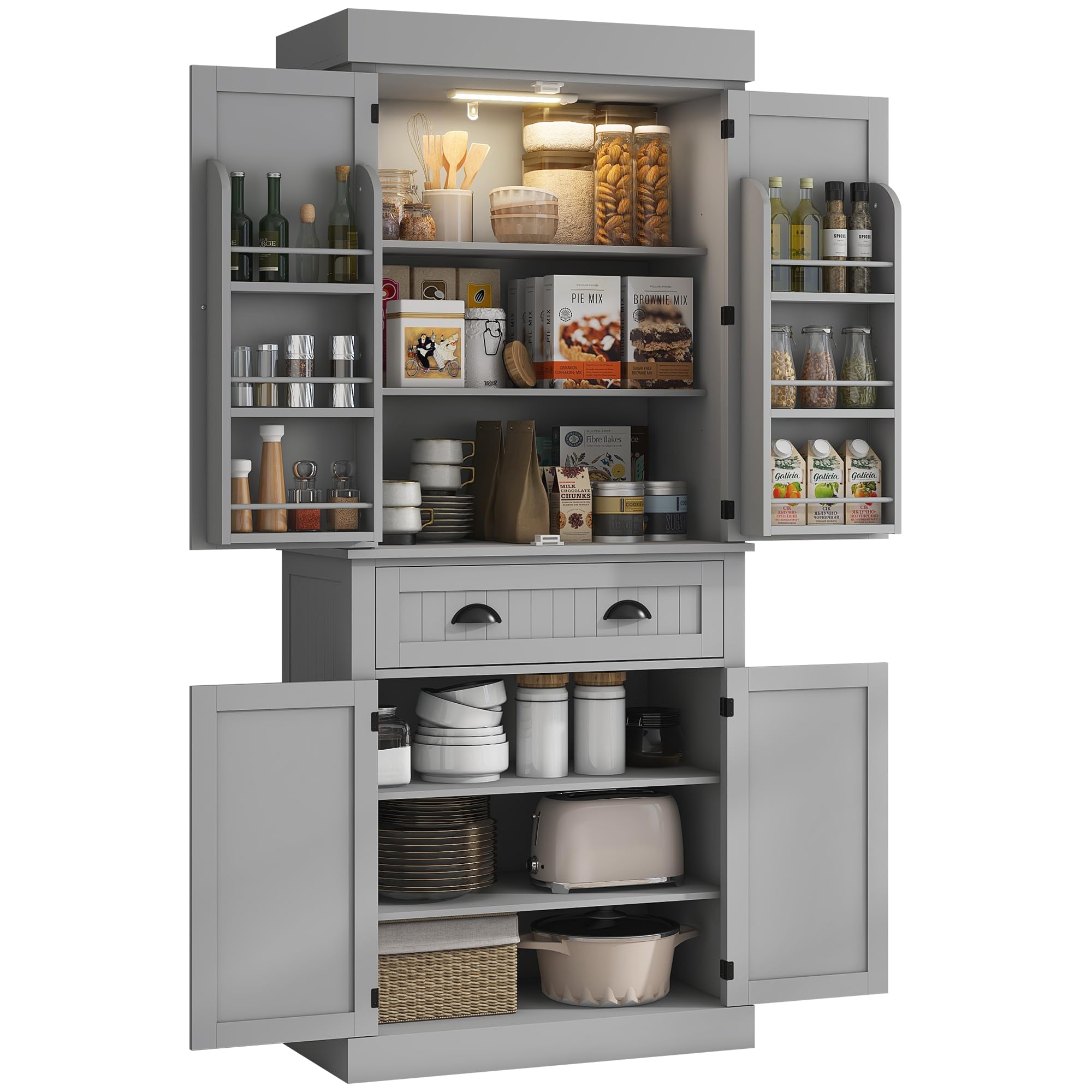 HOMCOM 71 Kitchen Pantry Cabinet with LED Motion Sensor Light, Tall Storage Cabinet Kitchen Cabinet with 6 Door Shelves, Drawer 