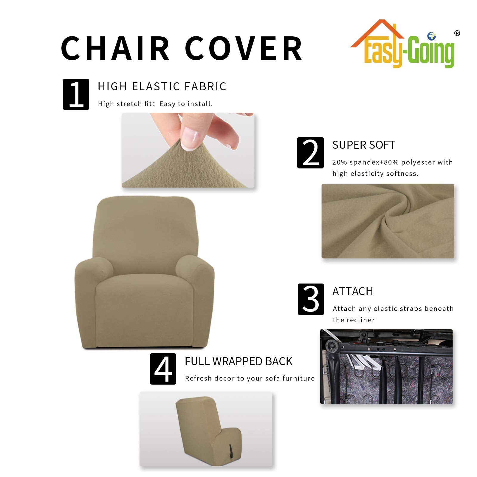 Easy-Going 4 Pieces Microfiber Stretch Recliner Slipcover - Spandex Soft Fitted Sofa Couch Cover, Washable Furniture Protector With Elastic Bottom For Kids, Pet(Recliner, Tan)