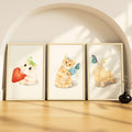 SoulAbiti Watercolor Hamster Kitten Puppy Playful set of 3 Framed Wall Print 12x18 inch Light Brown Frame PlexiGlass Animal Art