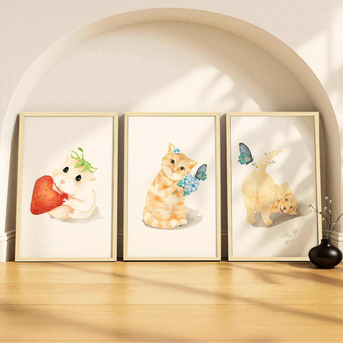 SoulAbiti Watercolor Hamster Kitten Puppy Playful set of 3 Framed Wall Print 12x18 inch Light Brown Frame PlexiGlass Animal Art