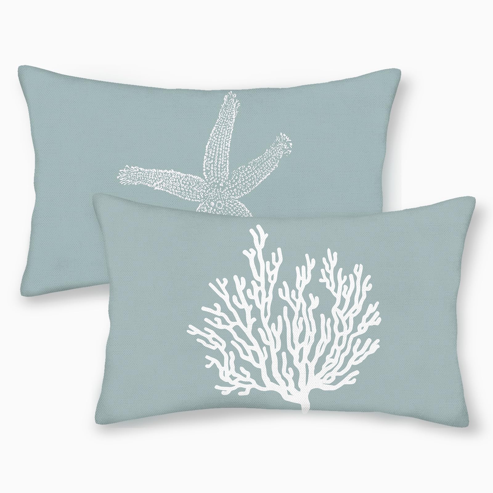 Coastal Pillow Covers 12X20 Set Of 2 Blue Coral Starfish Throw Pillows Nautical Ocean Decorations Summer Linen Beach Pillowcase
