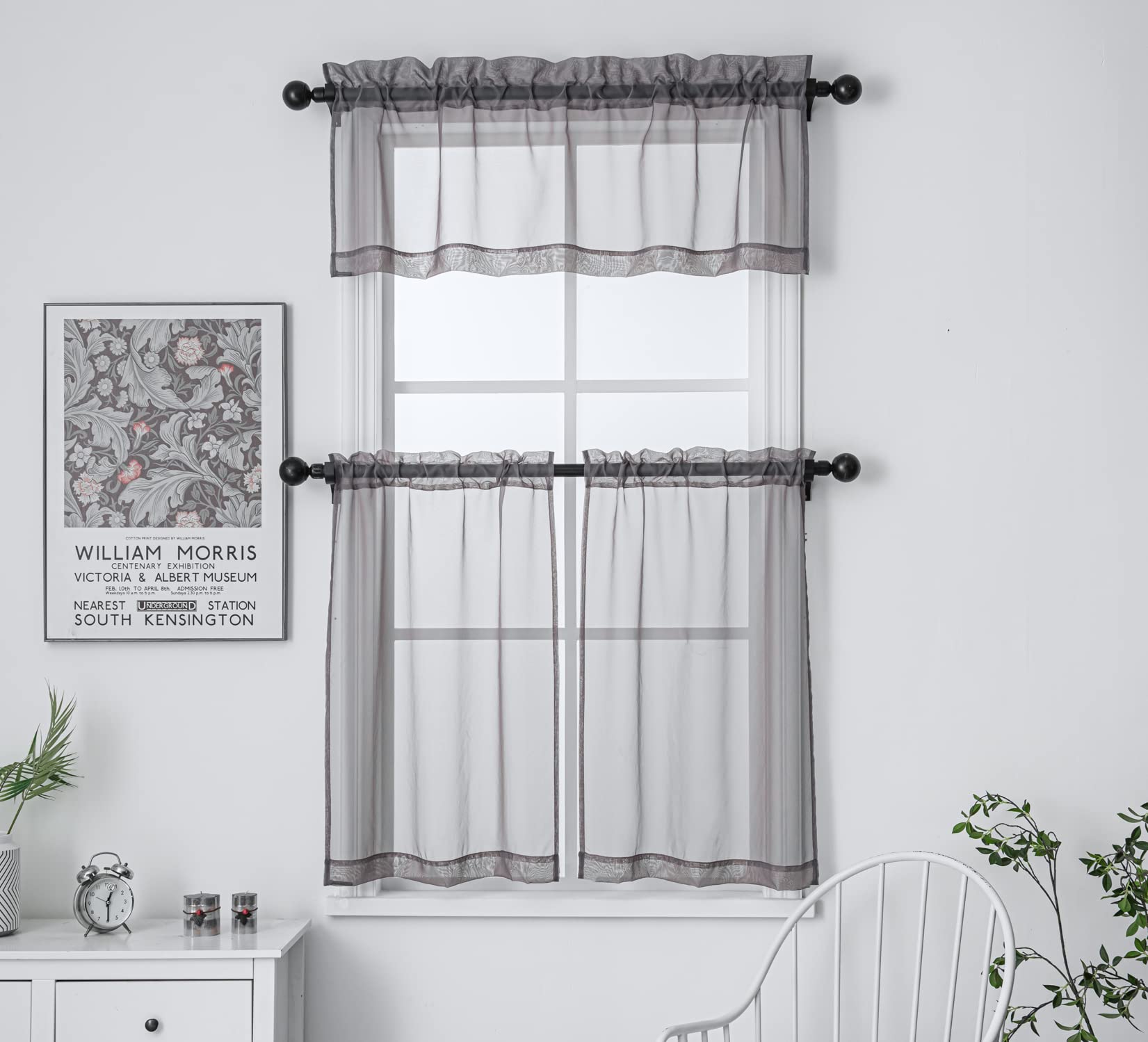 Pi Grey Sheer Tier Curtains 36 Inch Length,Voile Café Curtains Kitchen Tiers Basement Rod Pocket 2 Panels (Dark Grey, W25Xl36)
