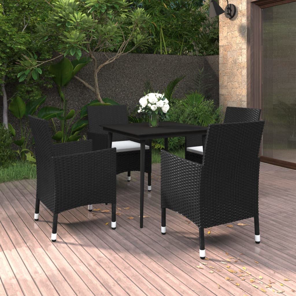vidaXL 5 Piece Weather-Resistant Patio Dining Set with Cushions - Poly Rattan, Steel, Glass – Black/Cream White - Ideal for Outdoor Entertaining