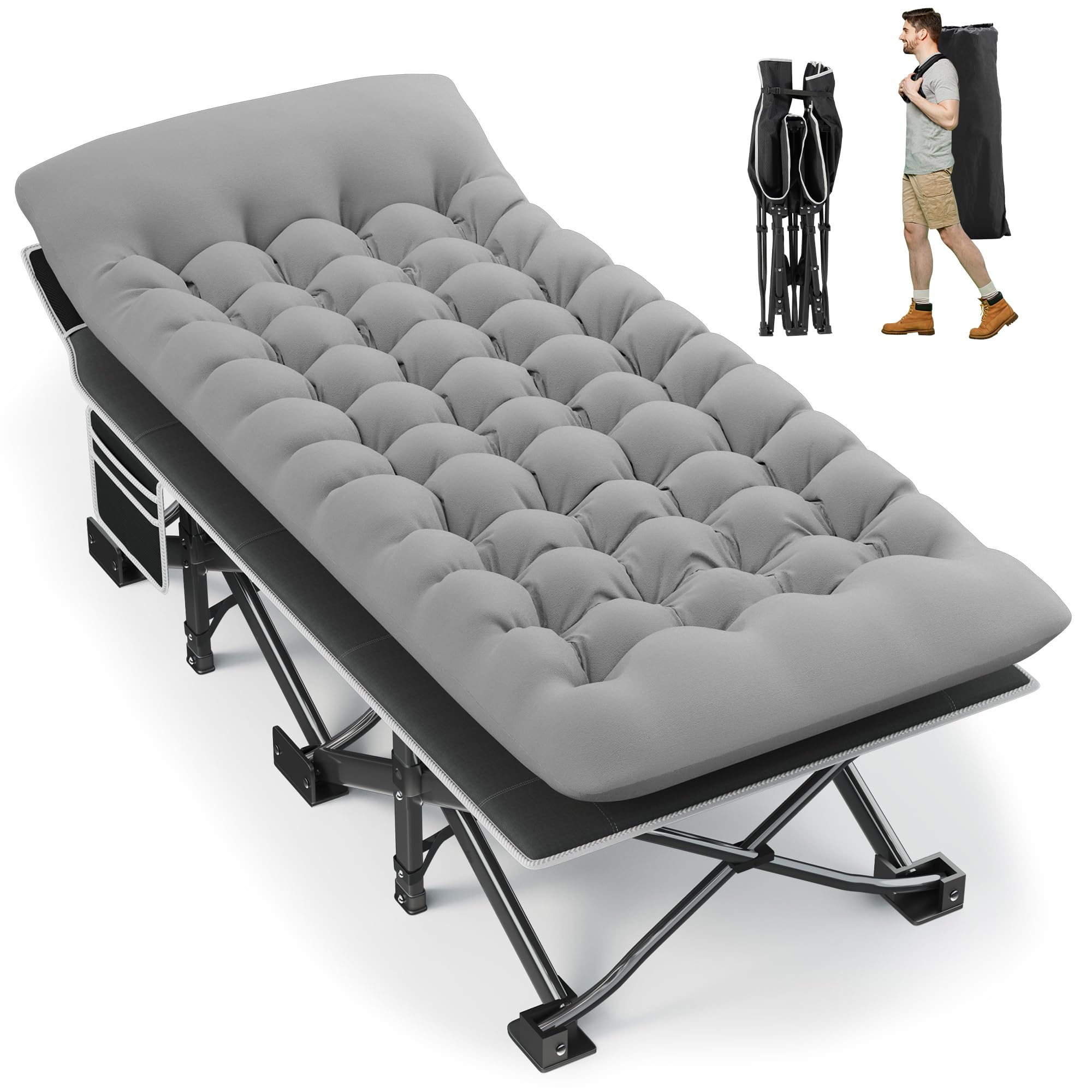 Fragess Portable Camping Cot, 32 Extra Wide Camping Cots for Adults with Thick Mattress, Heavy Duty Sleeping Cot Holds Up to 600