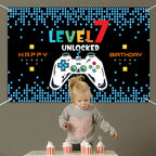 HAMIGAR Level 7 Unlocked Birthday Banner Backdrop Blue 6x4ft