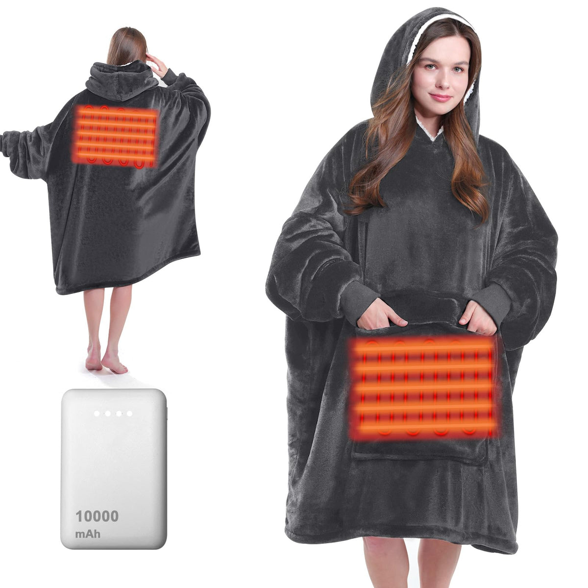 Maxeve Heated Wearable Blanket Hoodie With Battery Pack 10000Mah, Oversized Sherpa Blanket Hoodie For Women Men, Warm Soft Blank