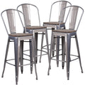 4 Pk. 30 High Distressed Antique Blue Metal Indoor-Outdoor Barstool with Back