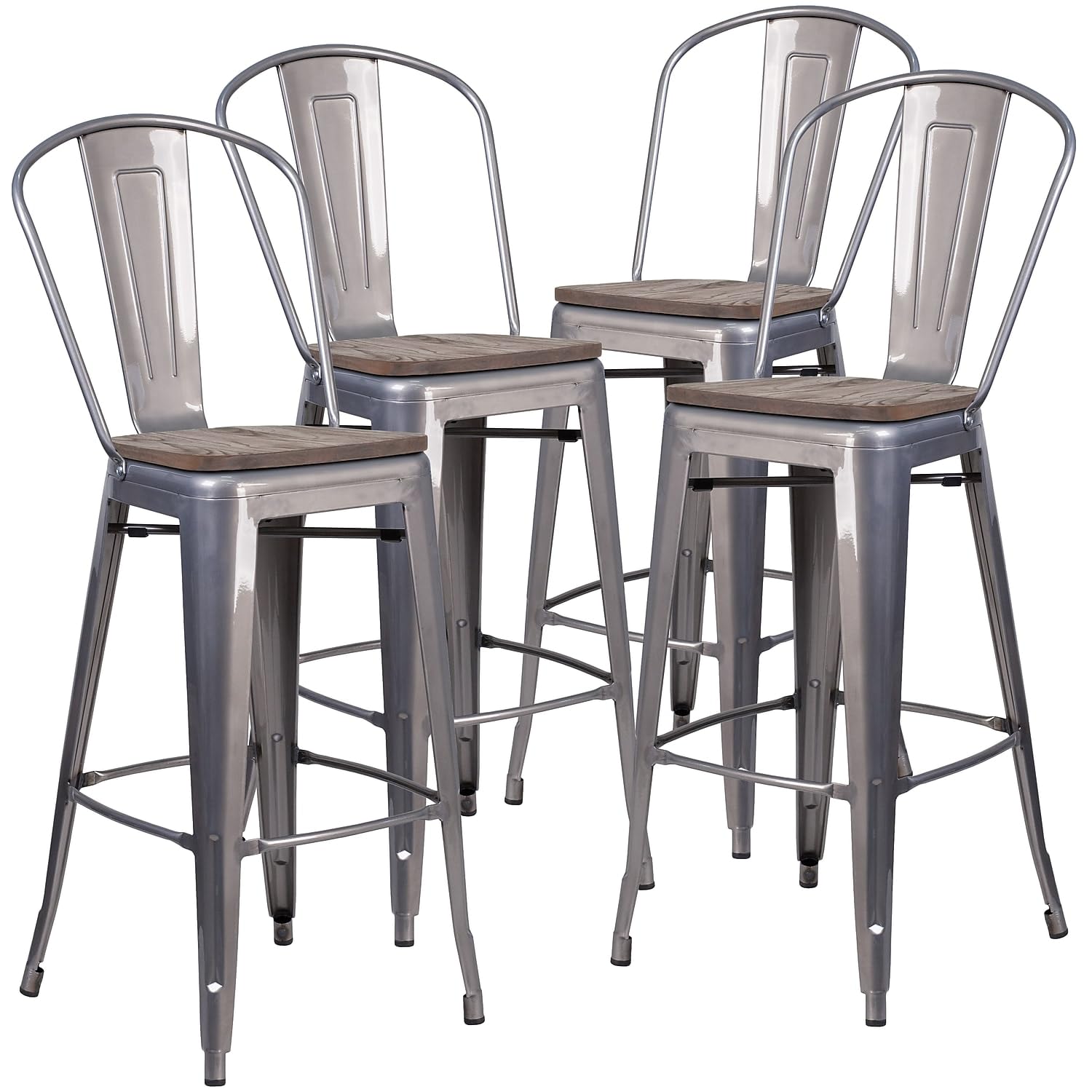 4 Pk. 30 High Distressed Antique Blue Metal Indoor-Outdoor Barstool with Back