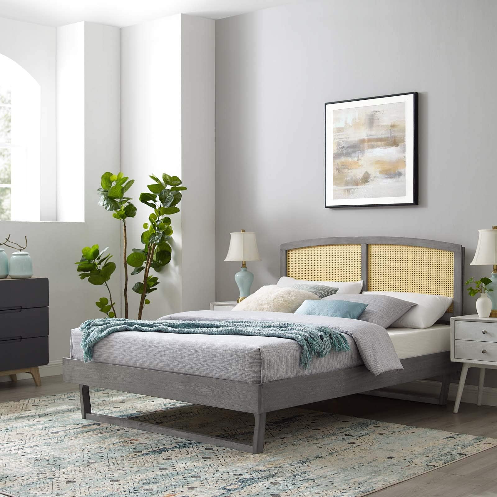 Modway Sierra Cane And Wood Queen Platform Bed With Angular Legs In Gray