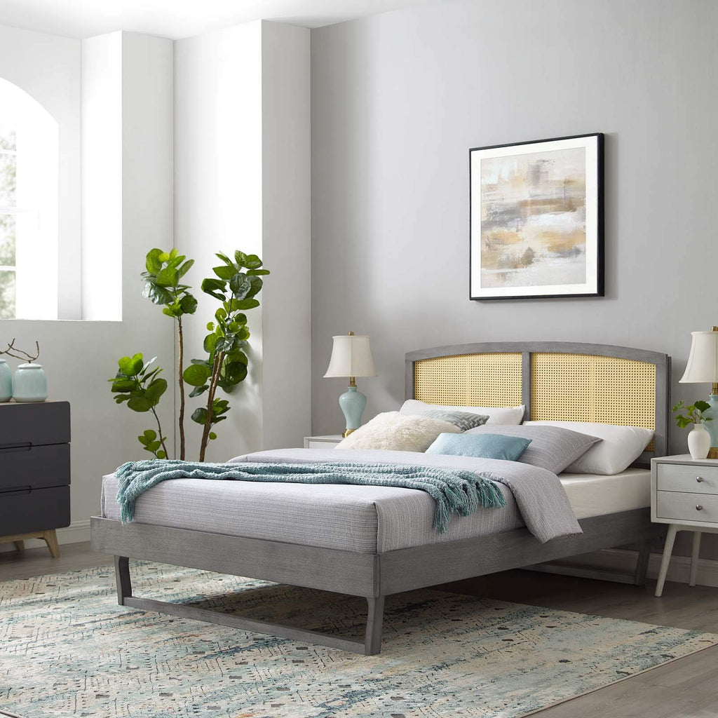 Modway Sierra Cane And Wood Queen Platform Bed With Angular Legs In Gray