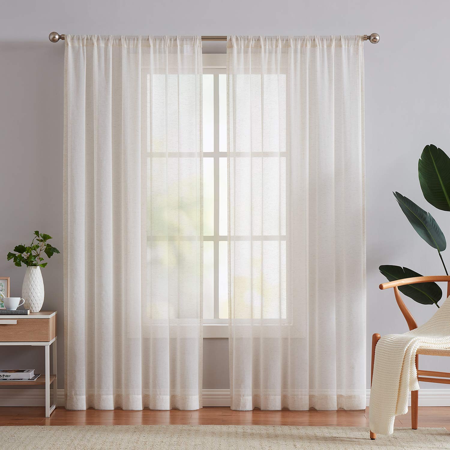 FMFUNCTEX Linen Sheer Curtains for Living Room, Beige Curtains 108 inches Long for Bedroom, Natural Flax Blend Window Draperies 