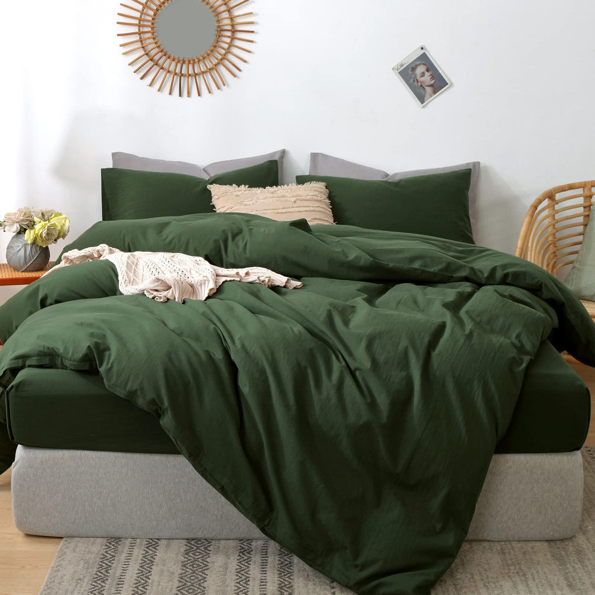 Moomee Bedding Duvet Cover Set 100% Washed Cotton Linen Like Textured Breathable Durable Soft Comfy (Forest Green, Oversized Que
