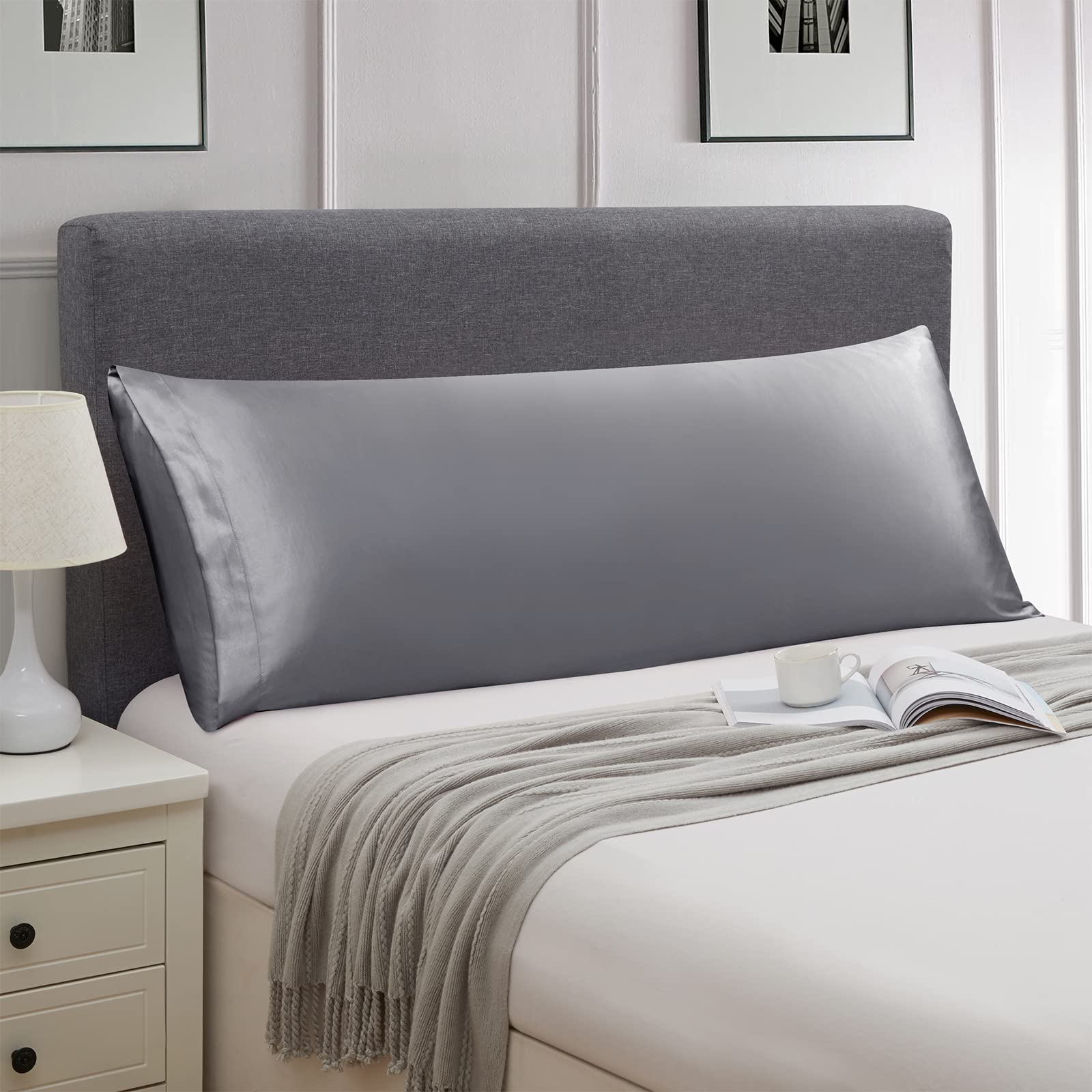 Ersmak Satin Body Pillow Cover, 20X54 Inches Grey Ultra Soft Satin Body Pillow Case For Hair And Skin, Silky Slip Cooling Long S