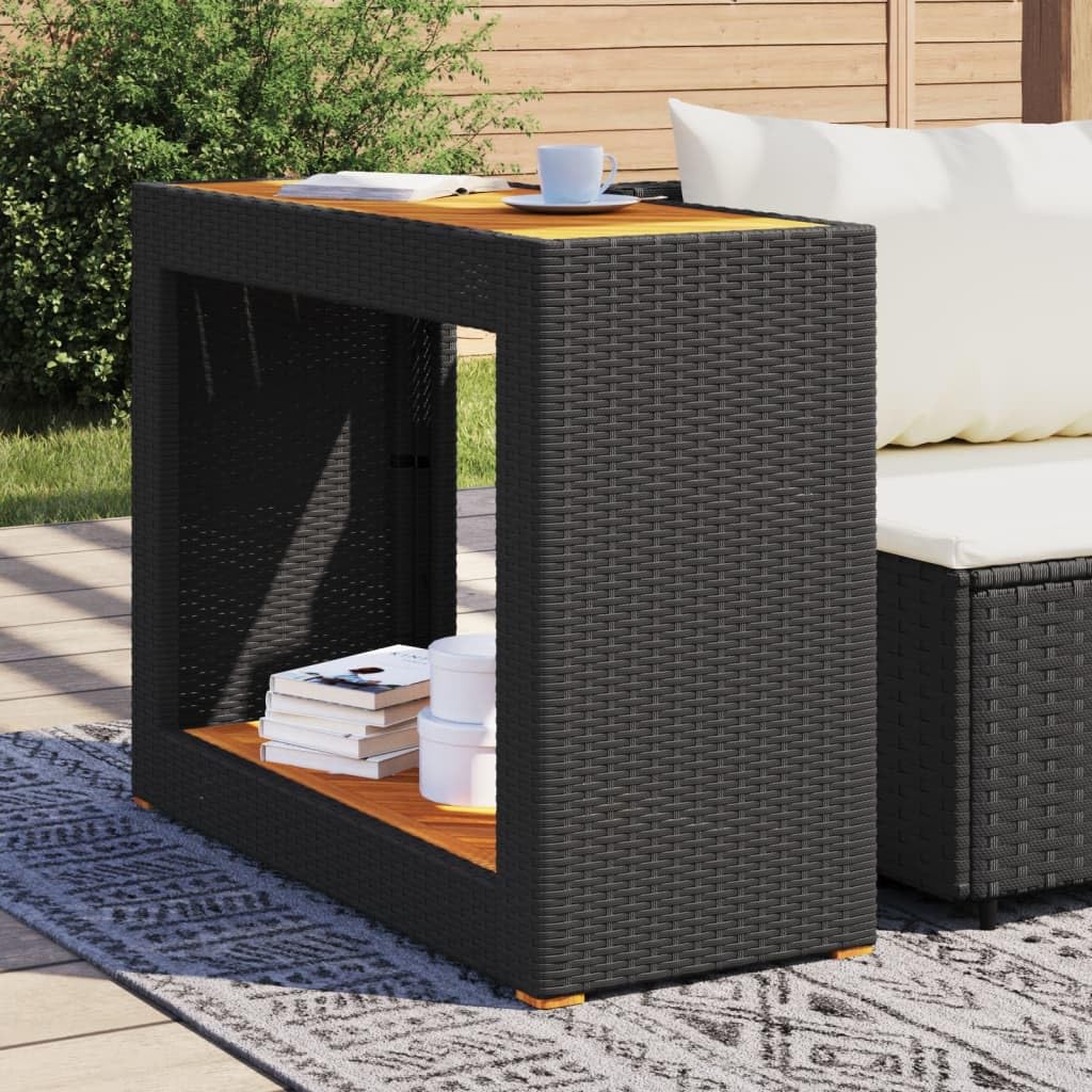 vidaXL Patio Side Table - Outdoor Garden Coffee Table with Black Poly Rattan Frame & Acacia Wood Top - 39.4"x15.7"x29.5" - Ideal for Patio/Backyard