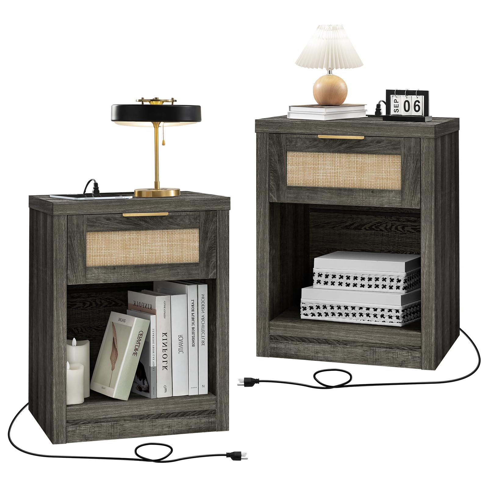 OAKHAM HOME Nightstand Set of 2, Rattan Night Stand with Type-C Charging Station, Bedside Table with Drawer, Boho Bed Side Table