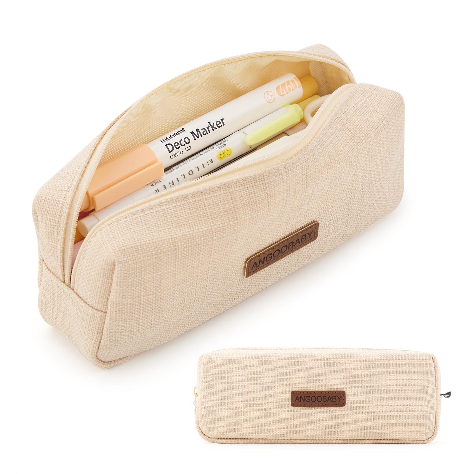 Angoobaby Small Pencil Case Student Pencil Pouch Coin Pouch Cosmetic Bag Office Stationery Organizer For Teen School-Beige