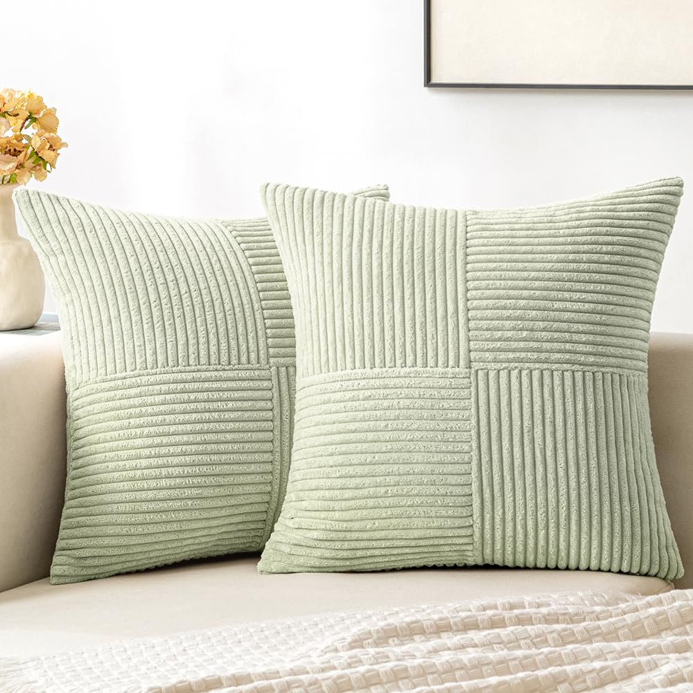 Miulee Light Green Corduroy Pillow Covers Pack Of 2 Boho Decorative Spliced Throw Pillow Covers Soft Solid Couch Pillowcases Cro
