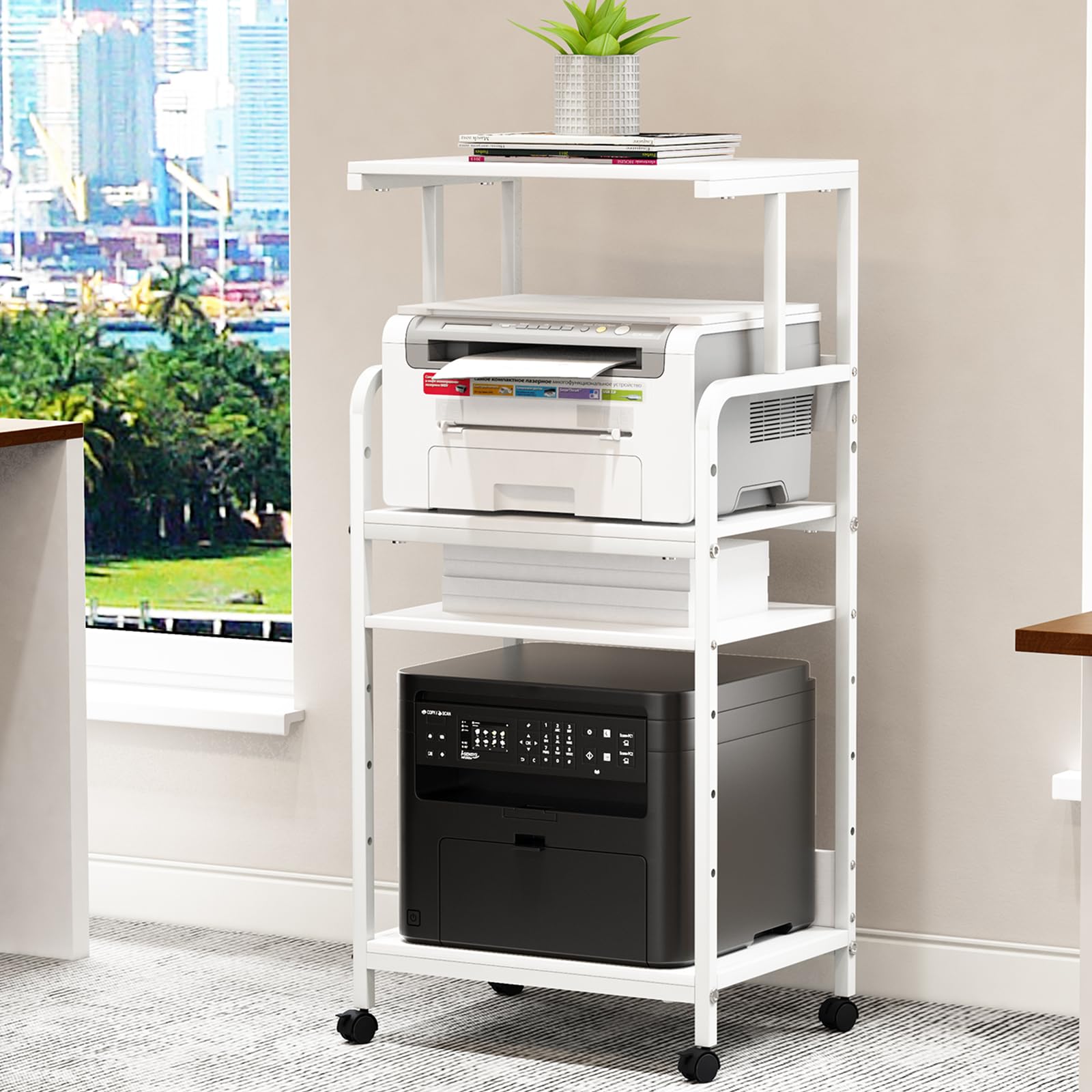 Arbuxzuy 4-Tier Printer Stand with Storage Shelf, Mobile Printer Table for Home Office, Adjustable Stand for Printer, Scanner, F
