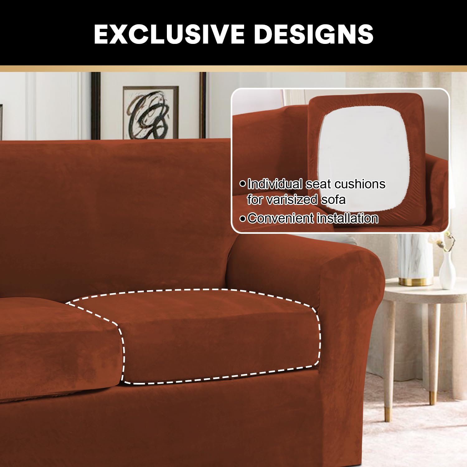 Princedeco 4 Pieces Couch Covers Velvet Couch Covers For 3 Cushion Sofa Soft Furniture Protector With Non Slip Elastic Bottom Washable Couch Covers Width Up To 90 Inch (Large, Rust)