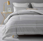 SLEEPBELLA Queen Comforter Set, 600 Thread Count Cotton, Reversible Light Gray & White Stripes, Down Alternative Bedding, 3 Pieces