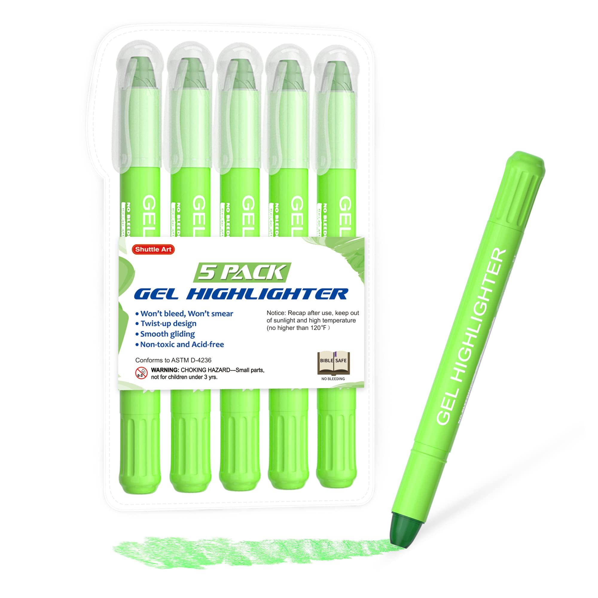 Shuttle Art 5 Pack Green Gel Highlighters,Bible Highlighters,No Bleed Through, Bible Journaling Supplies,Great For Journaling, H