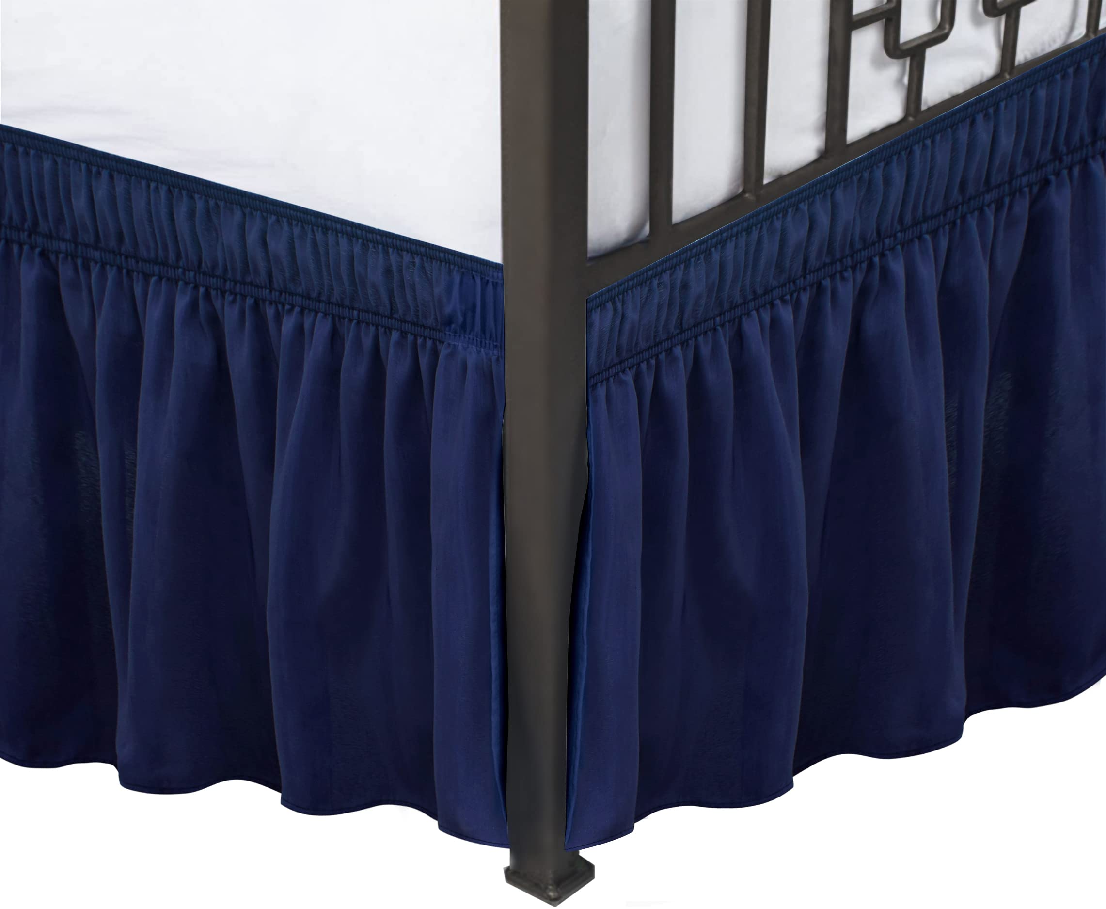 Biscaynebay Wrap Around Bed Skirts With Split Corners For Queen Beds 18' Drop, Navy Elastic Dust Ruffles Easy Fit Wrinkle & Fade Resistant Silky Luxurious Fabric Solid Machine Washable