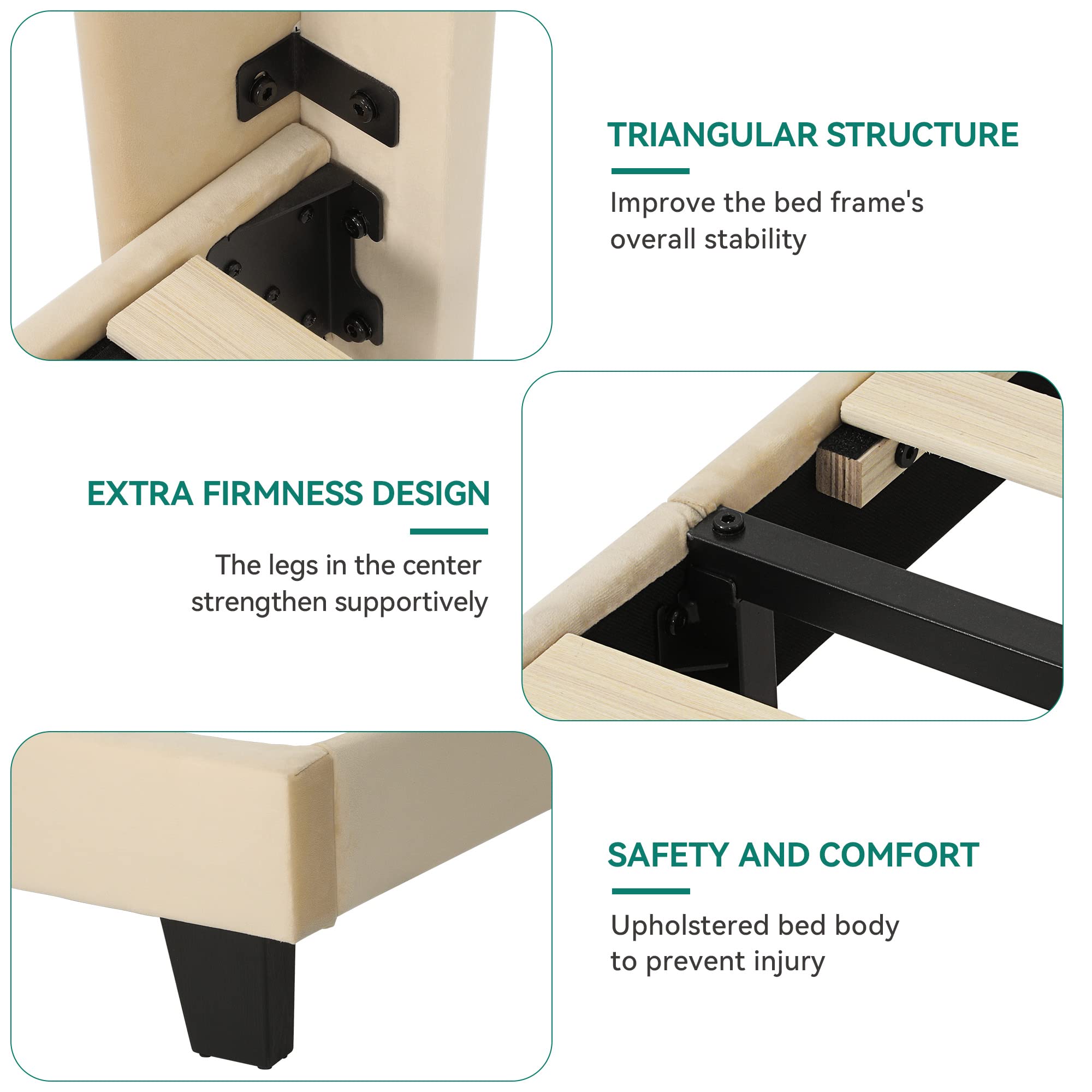 Yitahome King Size Upholstered Bed Frame, Platform Bed Base With Beige Velvet Headboard And Wingback, Strong Wood Slats Support Mattress Foundation, No Box Spring Needed, Beige