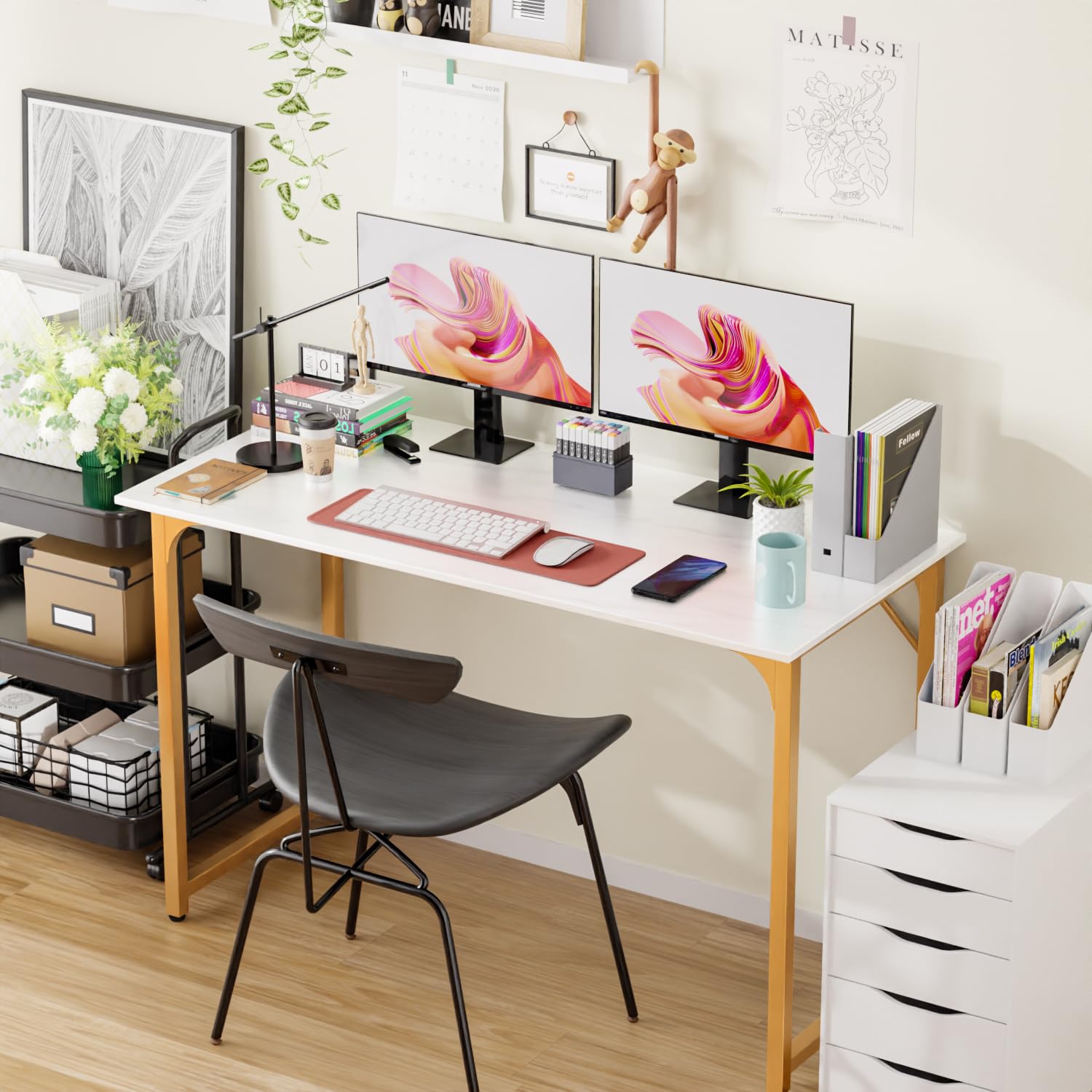 Paylesshere 32/39/47 Inch Computer Desk Study Writing Table, Adjustable Feet, Modern Furniture For Home Office (1, White Gold, 47 Inch)