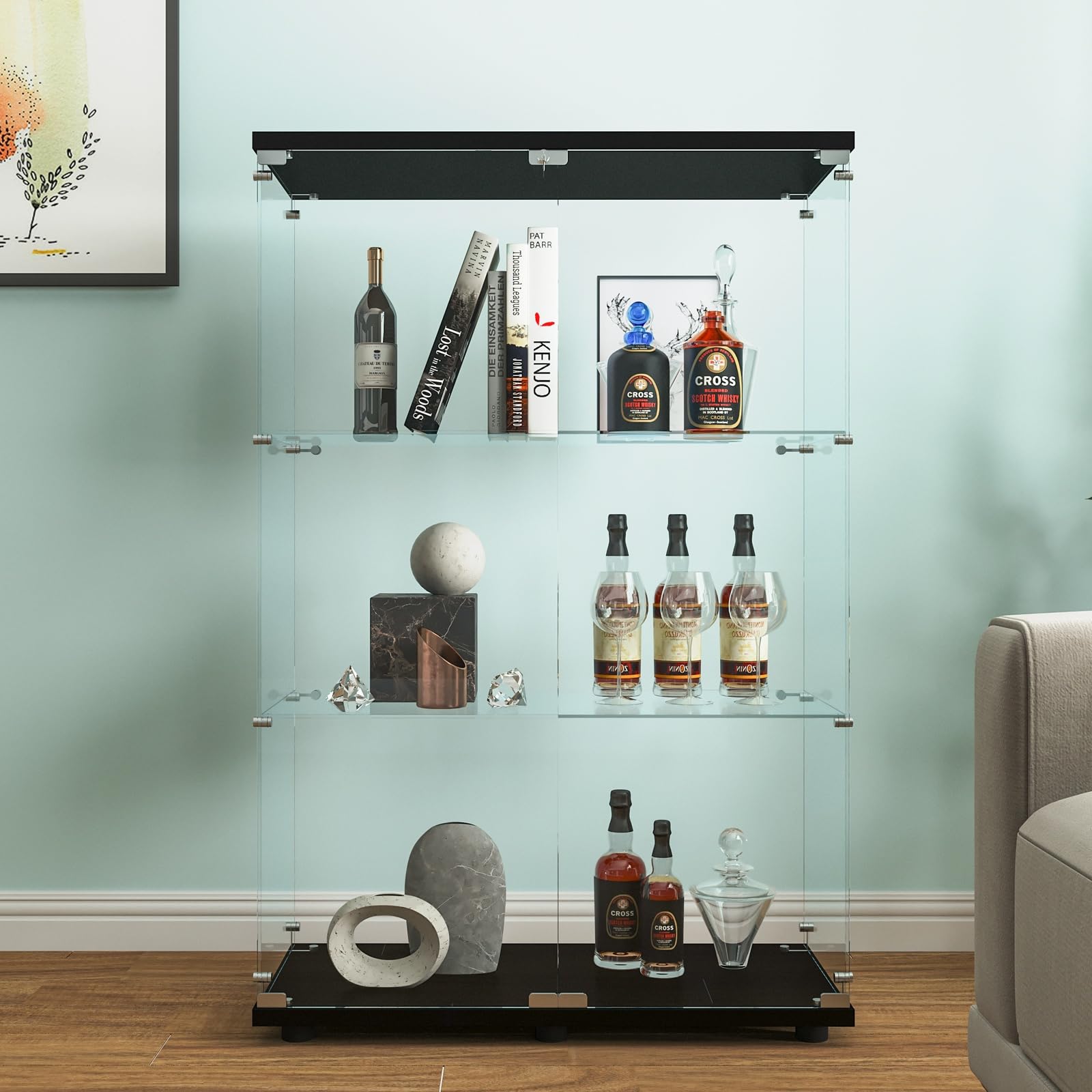 Beauty4U 2-Door Glass Display Cabinet, Black Curio Cabinets For Living Room, Bedroom, Office, Collection Display, Quick Installation In 30 Mins, 3 Shelves Black Floor Standing Glass Bookshelf