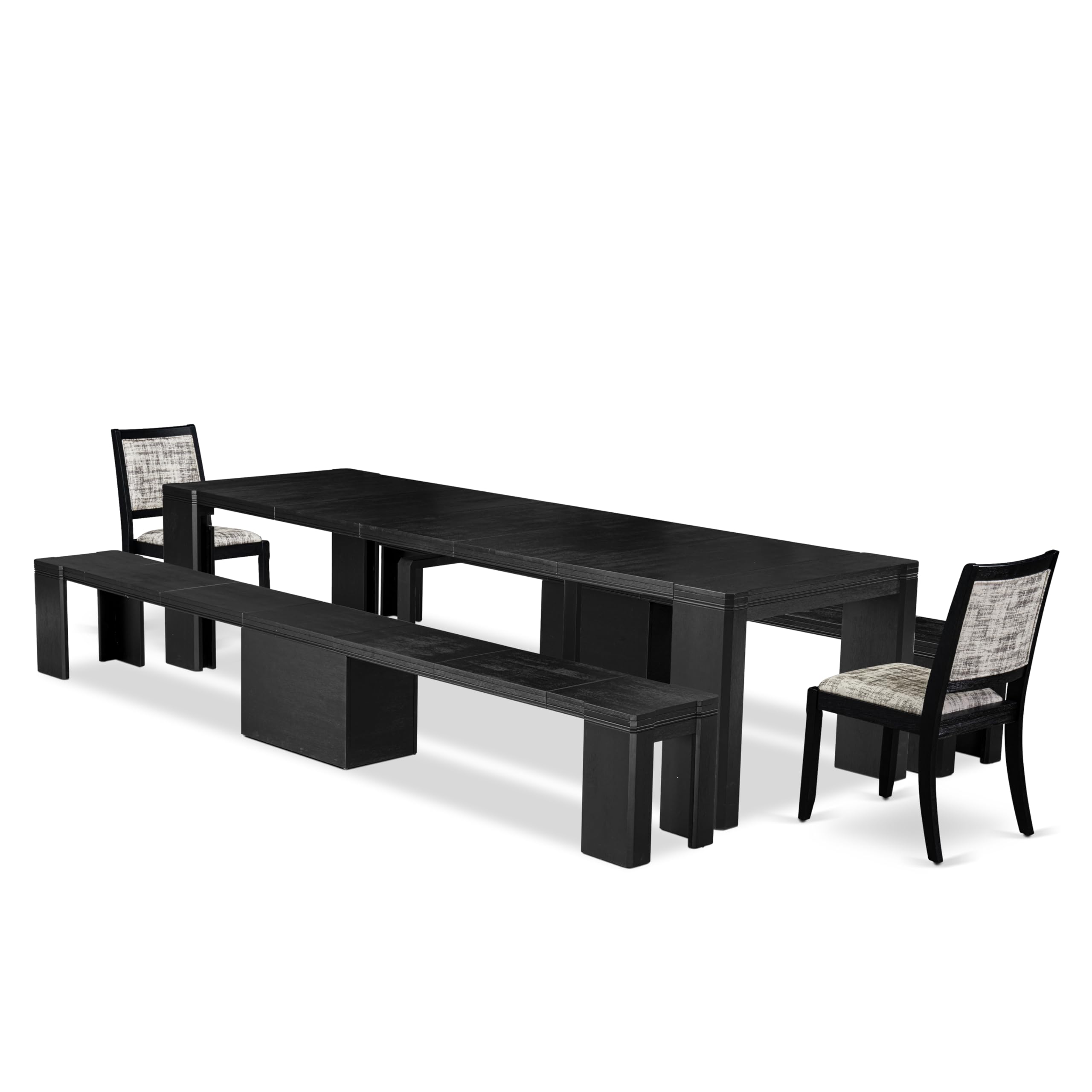 Luxe by East West Furniture - X02X2-206-30 - 5-pc Dining Table Set a Kitchen Table and 2 wooden Benches and 2 Wire Brushed Black Faux Leather Stackable Chairs, 39x120 Inch, Wire Brushed Black