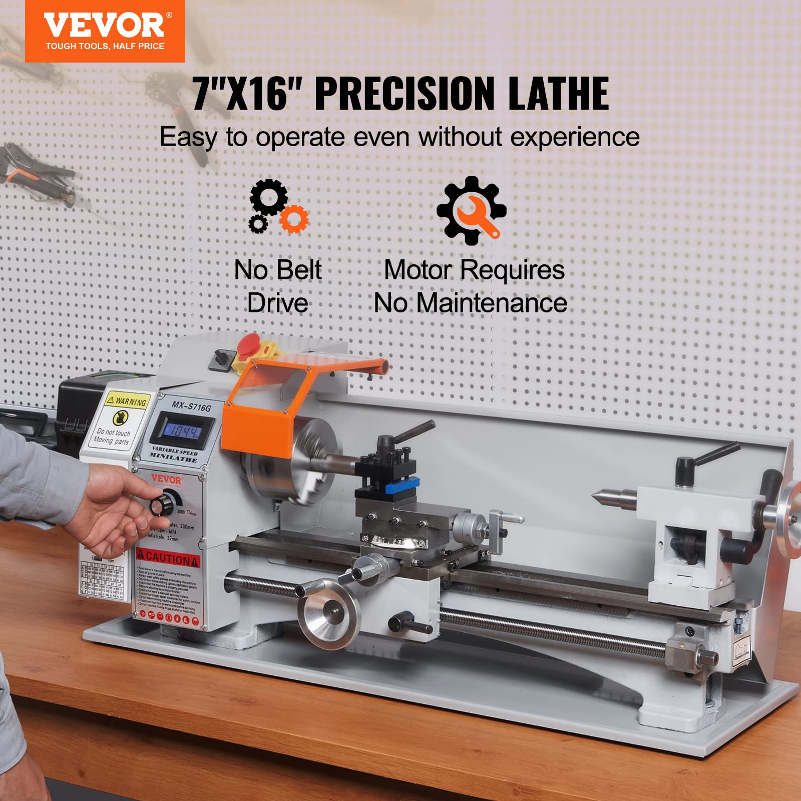 Vevor Mini Metal Lathe Machine, 7'' X 16'', 800W Precision Benchtop Power Metal Lathe, 150-2500 Rpm Continuously Variable Speed,